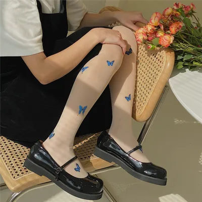 Blue Butterfly Printed Snag-proof Stockings Spring And Summer Pantyhose