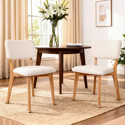 Wooden Dining Chairs Set Of 2, Mid Century Modern Kitchen Chairs With Fabric Upholstered And Curved Backrest For Dining Room Restaurant Or Cafe 300LBS Capacity, Natural