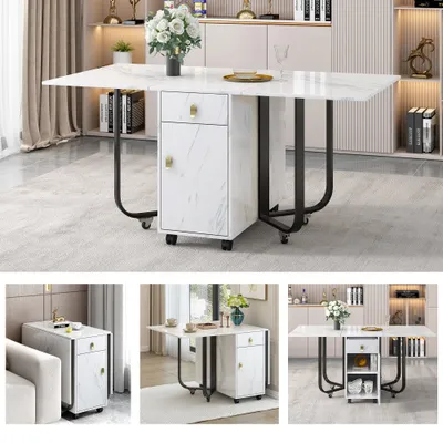Folding Dining Table 1 Piece With Cupboard And 2 Drawers, Folding Kitchen Utility Table, Space-saving Dining Table With 4 Supporting Legs On Gliders White  Black