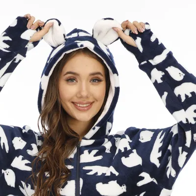 Ladies Flannel Camouflage Animal Print One-piece With Foot Cover