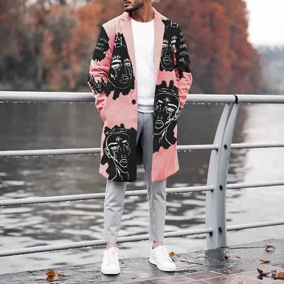 Mid Length Printed Top Long Sleeve Woolen Jacket