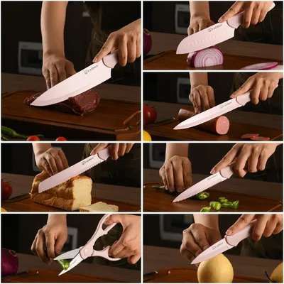 Kitchen Knife Set With Guards, 13 Piece Pink Non-Stick Boxed Knives Set, Anti-Rust And Dishwasher Safe, 6 Knives With 6 Blade Covers And Kitchen Shears