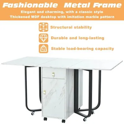 Folding Dining Table 1 Piece With Cupboard And 2 Drawers, Folding Kitchen Utility Table, Space-saving Dining Table With 4 Supporting Legs On Gliders White  Black