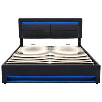 Upholstered Bed 150 X 200 Cm, King Size Bed-5ft,with USB Port Supports Wireless And Wired Charging, With LED Lighting And Storage Space, Without Mattress, PU Lychee Pattern, Black