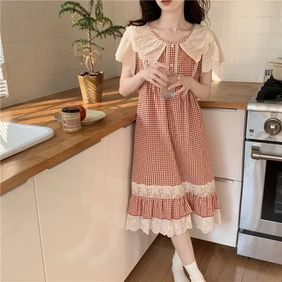 Lace Sweet Lace Princess Plaid Outerwear Nightdress For Women