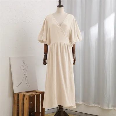 Women's Retro Casual Cotton V-neck Dress