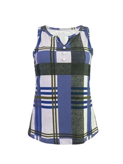 Women's V-Neck Plaid Print Sleeveless Tank Top With Button Detail Casual Summer Vest Top
