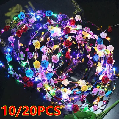 10-20 طوق شعر مزين بأزهار مضيئة بتقنية LED، تاج، إكليل، مناسب لحفلات الزفاف وأعياد الميلاد