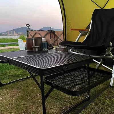 Portable Camping Table Folding Storage Outdoor Desk Mesh Top Height Extendable