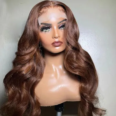 شعر مستعار بني شوكولاتة، إغلاق دانتيل 4x4، لون شعر بشري، كثافة تموجات طبيعية