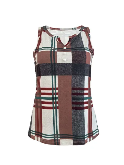 Women's V-Neck Plaid Print Sleeveless Tank Top With Button Detail Casual Summer Vest Top