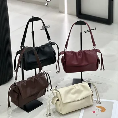 Cross-border Top-grain Leather Cloud Bag, High-end Versatile Genuine Leather Shoulder Bag, Fashionable Drawstring Pleated Underarm Bag