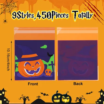 450 Pcs Halloween Cellophane Treat Bags  Self-sealing Clear Candy Cookie Bags Pumpkin Ghost Black Cat Skull Trick Or Treat Bags For Halloween Birthday Trick Or Treat Party Favors Supplies