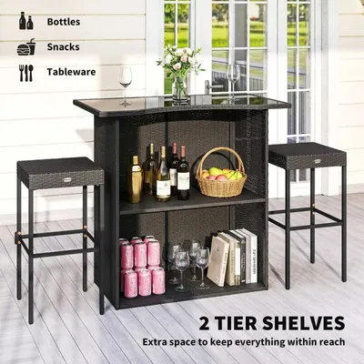 5 Piece Rattan Wicker Bar Set, High Top Outdoor Table And Chairs, Bar Height Patio Set, 2 Shelves & 4 Bar Stools, Brown