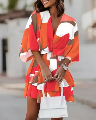 V-neck Loose Batwing Sleeve Printed Dress