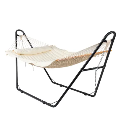 Hammock With Stand, Double-Barrel Hammock With Hammock Bed, Heavy Duty Adjustable Hammock Set For Outdoors, Patio, Yard, Garden, Beige