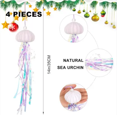 4 PCS Sea Urchin Hanging Ornaments For Christmas Tree Coastal Natural Sea Urchin Crafts With Rope