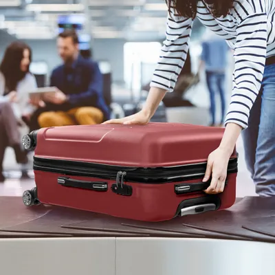 حقيبة ترولي 4 في 1 بخطوط عمودية منحنية، مقاسات 16 بوصة، 20 بوصة، 24 بوصة، 28 بوصة، مصنوعة من مادة ABS وسبائك الألومنيوم، مزودة بقضيب ربط.