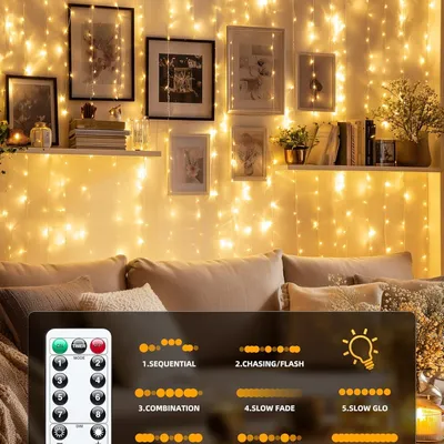 300 مصباح LED ستائري أبيض دافئ، سلسلة إضاءة تعمل بمنفذ USB، 8 أوضاع إضاءة، زينة عيد الميلاد، أضواء معلقة