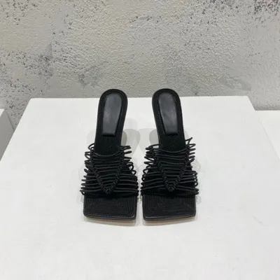 Square-toe High-heel Sandals In Woven Mesh And Leather
