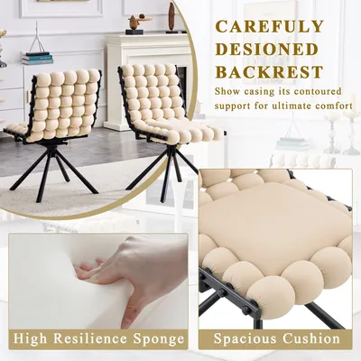 Set Of 2 Beige Puffy Bubble Chair Ball Chain Chair Velvet Dining Chairs With Black Legs, Modern Tufted Accent Chairs For Dining Room & Kitchen