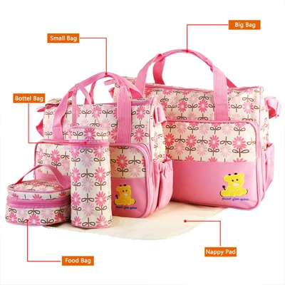 5PCS Per Set Baby Nappy Diaper Bags For Spring Travel Set Mummy Diaper Shoulder Bags WithNappy Changing Pad Insulated Pockets Travel Tote Bags For Mom Dad