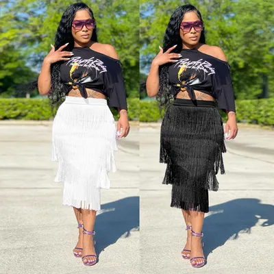 Women's Fashion Simple Print Short Sleeve T-shirt Knotted Skirt Set
