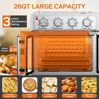 29.5 QT Air Fryer Convection Toaster Oven, French Door, 6 Slices, 1700W, Multifunction Oven, Air Fryer, Toast, Grill, Defrost, Bake, Time And Temperature Controls, Silver, Amazon Resale Prohibited