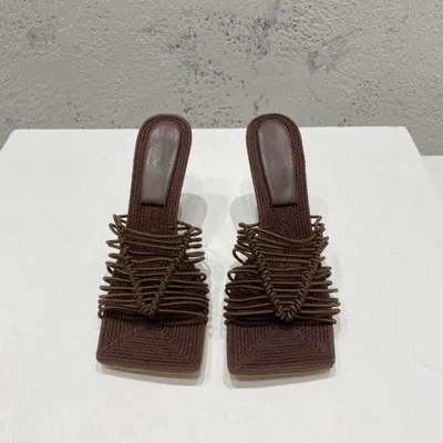 Square-toe High-heel Sandals In Woven Mesh And Leather