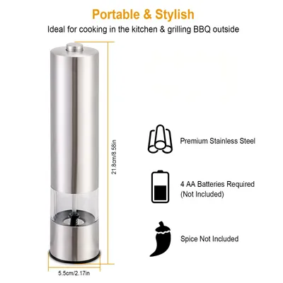 1Pc Electric Salt Pepper Grinder With Light Adjustable Coarseness Stainless Steel Salt Pepper Shaker Battery Operated Pepper Grinder Mill Easy Refill And Clean For Kitchen Preparing