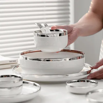 Silver Light Luxury Ceramic Dinnerware With Gold Edge And Silver Edge