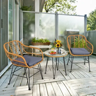 3 Pieces Rattan Furniture Set With Cushioned Chair Table
