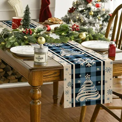 Christmas Trees Merry Xmas Table Runner, Seasonal Winter Holiday Kitchen Dining Table Decoration