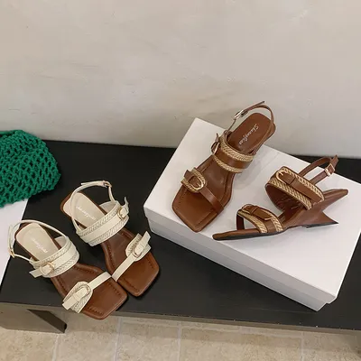 Women's French Retro Open Toe Sandals, Niche Designer Straw Woven Genuine Leather Comfy Outdoor Summer Shoes For Vacation