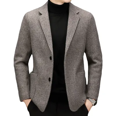 Men's Simple Casual Fit Solid Color Wool Tweed Jacket