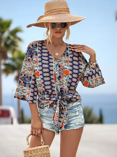 European And American V-neck Lace Up Irregular Top