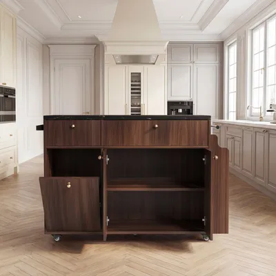 Kitchen Island With Storage Rolling Kitchen Island Cart With Drop Leaf Extension, Black Marble Top, Drawers, Spice Rack, Towel Bar, Mobile Kitchen Cart For Kitchen & Dining Room