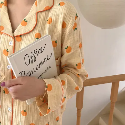 Orange Print Cute Women's Homewear Pajamas Set
