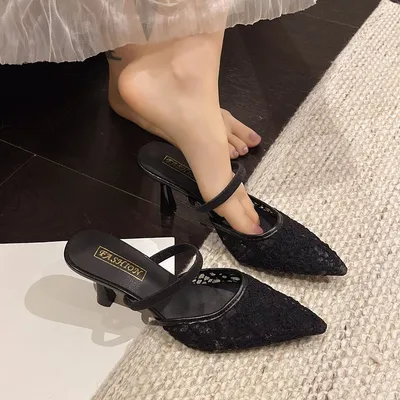 New French Baotou Half Dragging Style Pointed Lace Mesh Fine Heel Slippers For Women