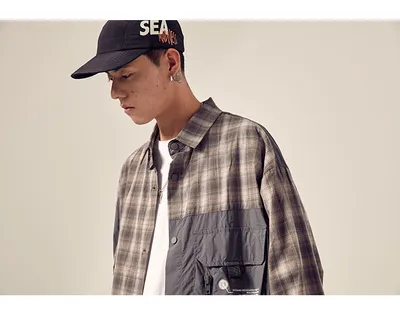 Pocket stitching loose drop shoulder plaid shirt