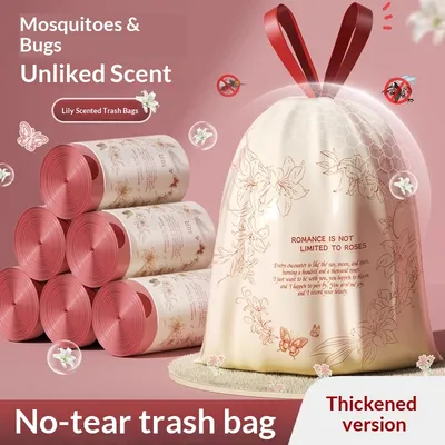 Extra Thick Lily Scented Drawstring Garbage Bags, Heavy Duty For Kitchen & Bathroom, Easy Tear-off Plastic Trash Bags With Long-lasting Fragrance
