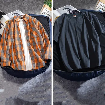 Spring And Autumn Ins Plaid Shirt Men's Long Sleeve