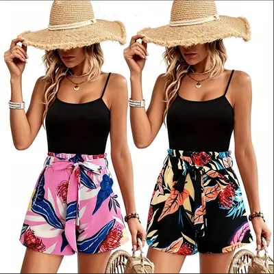 Boho Two-piece Cami Top Set, Cami Top & Leaves Print Casual Beach Shorts 2pcs Outfits For Summer & Spring, Women's Clothing