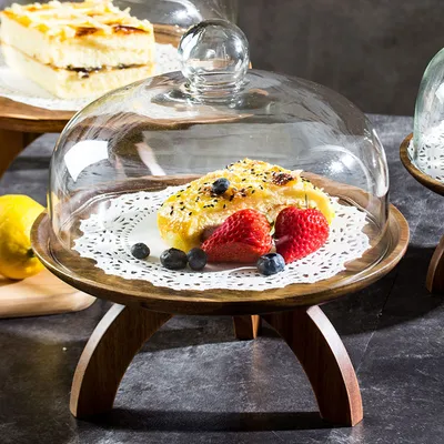 صينية كعكة من خشب الأكاسيا مع غطاء زجاجي
