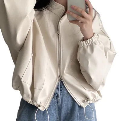 Small Stand Collar Zipper Large Pocket Drawstring Lace Leather Coat Women