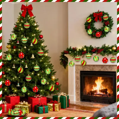 24PCS Christmas Ball Ornaments, Hanging Balls Red And Green Christmas Tree Pendants For Xmas Tree Home Decor Party Holiday Wedding Anniversary DIY Craft Decor Supplies