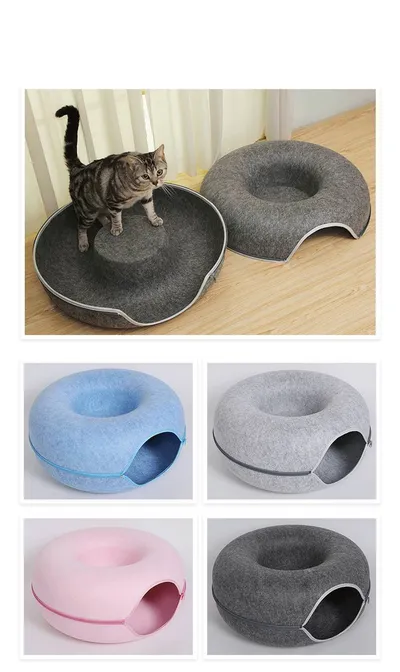 Donut Cat Tunnel Bed Pets House Natural Felt Pet Cat Cave Interactive Toys Round Wool Felt Pet Bed Cat Training Toy Cat House