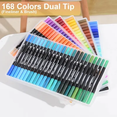 168 Colors Dual Tip Brush Markers Set Black Barrel Watercolour Pens For Colouring Drawing Sketching Calligraphy Art Supplies With Carry Case