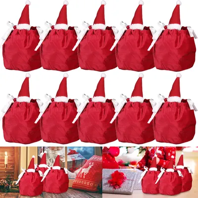 5 Packs Christmas Treat Bags With Drawstring 3D Xmas Santa Hat Gift Wrapping Bags Velvet Candies Goodie  Bag For Christmas Birthday Wedding Party Favor Supplies