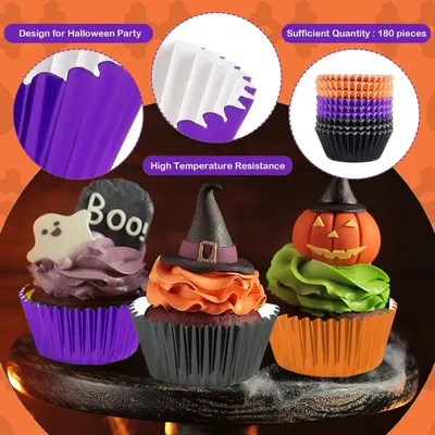 300 Pcs Halloween Foil Cupcake Liners Black Purple Orange Foil Metallic Cupcake Wrappers Muffin Liners For Halloween Party Supplies Table Decor
